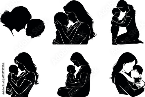 Silhouette of mothers and their children in various tender moments
