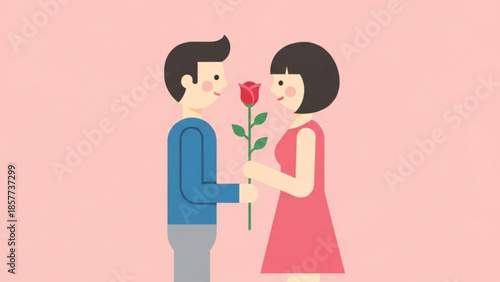 Man giving woman red rose romantic gesture pink background