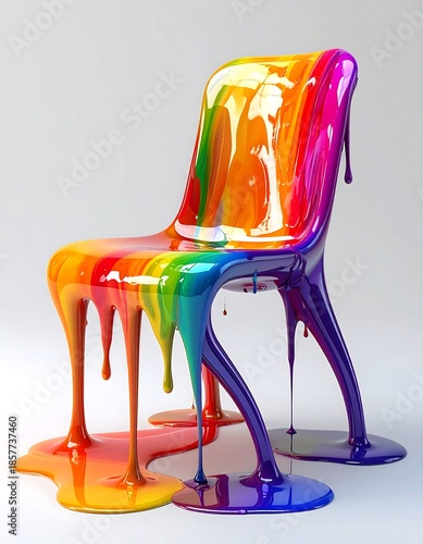 Illustration of a chair with rainbow colored paint dripping on it and the floor in a creative messy artistic expression