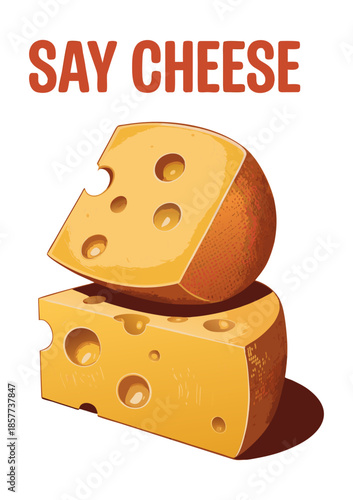 A vintage-style advertisement illustration of two
large wedges of Swiss cheese