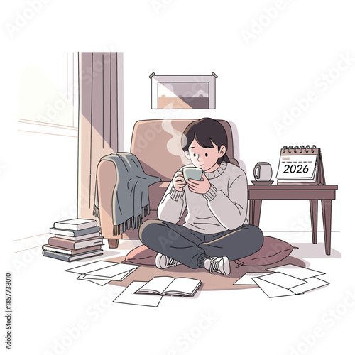 Person Enjoying Hot Drink Among Books and Papers