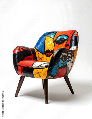 Illustration of vibrant multicolored armchair with abstract pattern on white background