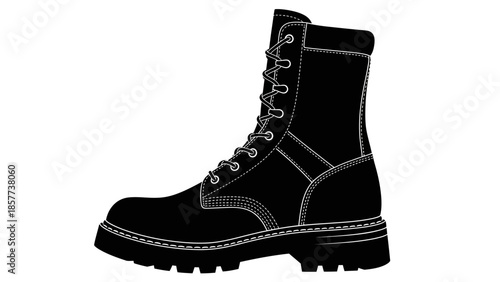 Black and white illustration of a highcut combat boot, side view