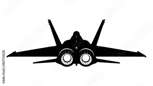 Detailed silhouette of a fighter jet rear view with visible engine nozzles, isolated on white background