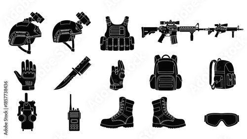Military and tactical gear icons set helmet, rifle, vest, boots, radio, knife, backpack