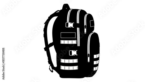 Black silhouette of tactical military backpack rucksack isolated on white background