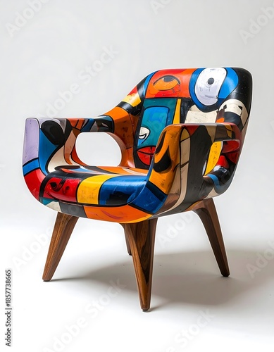 Illustration of a colorful chair with a unique abstract design on a white background