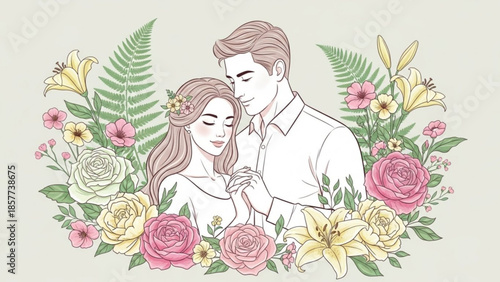 Romantic couple embracing surrounded by abundant blooming flowers and lush ferns in a soft pastel palette