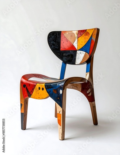 Illustration of a colorful chair with a unique abstract design on a white background