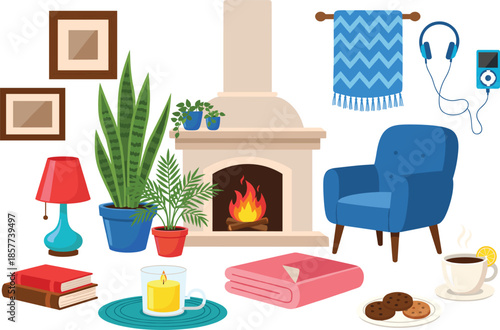 Cozy living room interior with fireplace, armchair, plants, warm lighting, home relaxation concept vector illustration