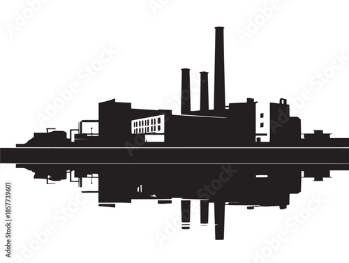 A detailed and striking black factory silhouette with smokestacks