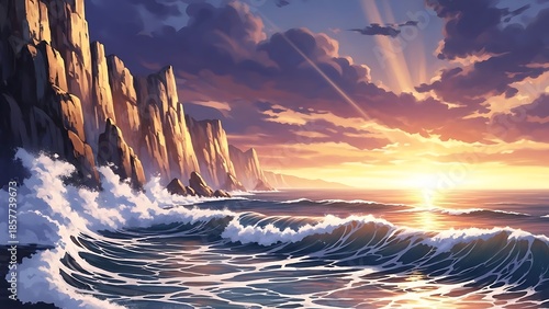 Golden sunset paints the dramatic ocean cliffs as powerful waves crash along the shore
