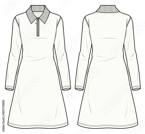 Women’s long sleeve polo shirt technical flat sketch vector mockup illustration.