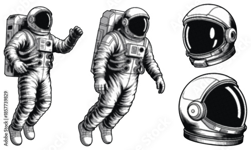 Two astronauts in their space suits gracefully floating alongside two detailed helmet Halftone effect designs