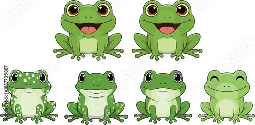 Cute cartoon frog characters collection with different facial expressions isolated on white background for kids design