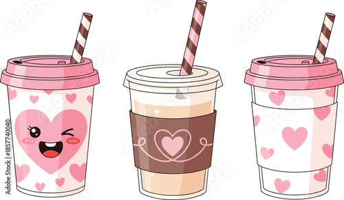 Cute takeaway coffee cups with heart patterns and smiling face illustration, romantic love themed drink vector set
