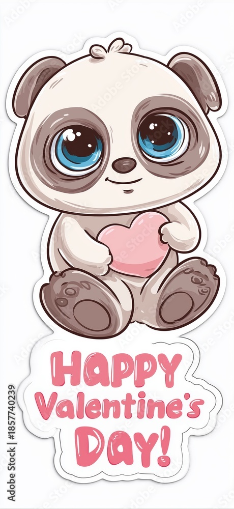 Fototapeta premium Cute big-eyed animal delivering Happy Valentine's Day message. Cute cartoon animal holding a pink sign for Valentine's Day celebration