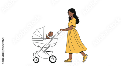 Smiling woman in a bright yellow dress pushing her happy baby in a modern white stroller while taking a walk on a white background.