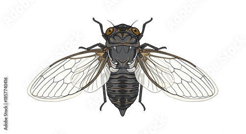 Macro view of a cicada insect from above showing its wide wings and segmented body structure in a detailed hand-drawn illustration style.