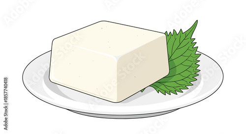 Fresh block of white tofu served on a simple plate garnished with a green shiso leaf representing traditional healthy Japanese cuisine.