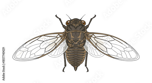 Realistic top-down view of a cicada insect with its large translucent wings spread out showing intricate vein patterns and body details.