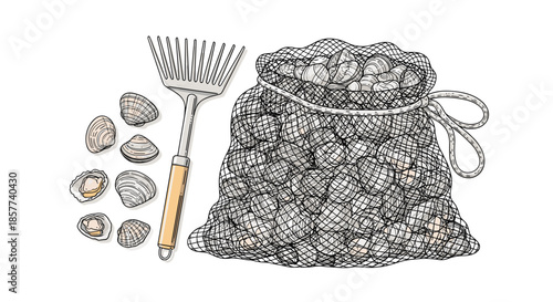 Clam digging set featuring a metal rake and a large mesh bag filled with fresh clams alongside several loose shells on a white surface.