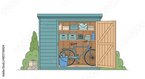 Organized garden storage shed with an open wooden door revealing a blue bicycle along with various boxes and tools stored on shelves.