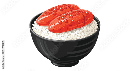 Bowl of fluffy white rice topped with two pieces of spicy seasoned pollock roe known as mentaiko in a traditional black ceramic bowl.