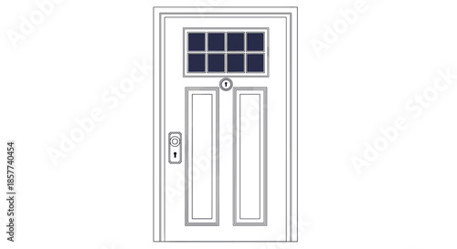 Classic white wooden front door featuring a small rectangular window with multiple panes and a simple silver handle and keyhole.