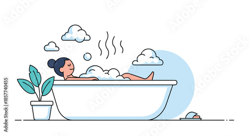 Peaceful woman enjoying a relaxing warm bath in a white tub filled with bubbles under fluffy clouds in a minimalist illustration style.
