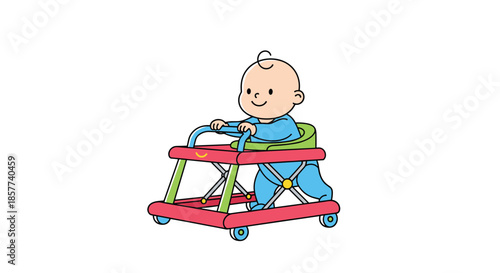 Cute baby in blue pajamas learning to walk while using a colorful red and green baby walker toy with wheels on a white background.