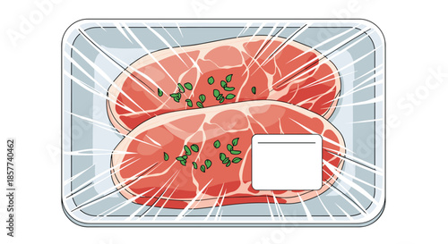 Two raw red beef steaks packaged in a light blue plastic tray with a transparent wrap and a white label ready for sale at a market.