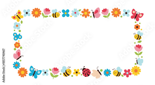 Rectangular floral border frame decorated with cute cartoon bees and butterflies among various colorful spring flowers and ladybugs.