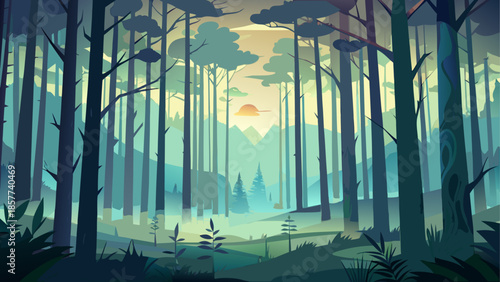 Foggy forest vector illustration with tall trees fading into mist, atmospheric flat design