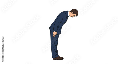 Side profile of a professional businessman in a navy blue suit performing a respectful bow during a business greeting or apology.