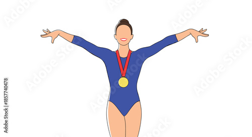 Successful female gymnast wearing a blue leotard and a gold medal with her arms raised in a victory pose after a competition.