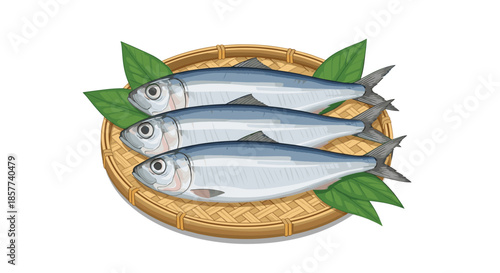 Three fresh whole sardines or small mackerel arranged on a traditional woven bamboo tray with green leaves for a healthy seafood meal.