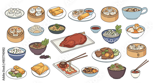 Large assortment of traditional Chinese dim sum and dishes including steamed buns and dumplings on a white background for food menu.