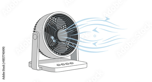 Compact white electric desk fan blowing a refreshing cool breeze indicated by flowing blue lines on a clean white background.