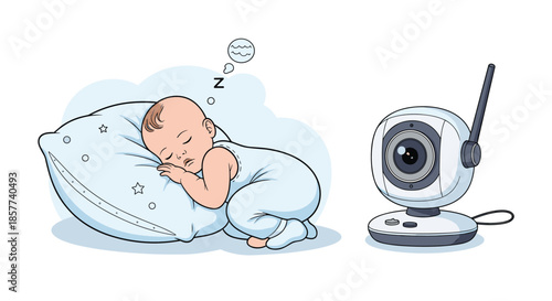 Small baby sleeping peacefully on a star-patterned pillow while being monitored by a digital baby camera device on the side.