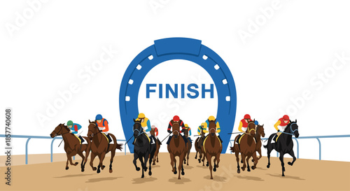 Group of jockeys on their horses races toward the finish line framed by a large blue horseshoe symbol during a competition.