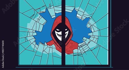 Scary hooded figure with a glowing white mask peers through a large hole in a shattered glass window during the night.