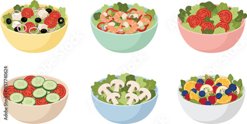Fresh healthy salad bowls with vegetables fruits and mushrooms, colorful food collection illustration for menu and nutrition design