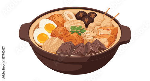 Large ceramic pot is filled with a variety of oden ingredients including boiled eggs, tofu, fish cakes, and daikon radish in broth.