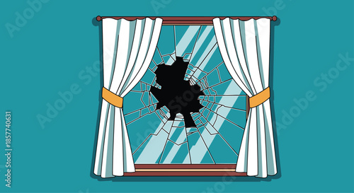 Broken window with a large hole in the center of the glass is covered by white curtains against a teal blue wall.