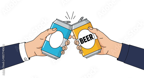 Two hands in business suits clink blue and yellow beer cans together in a toast to celebrate a successful work achievement.