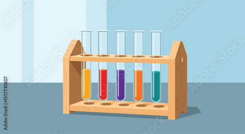 Row of five glass test tubes filled with vibrant colorful liquids sits in a traditional wooden laboratory rack for experiments.