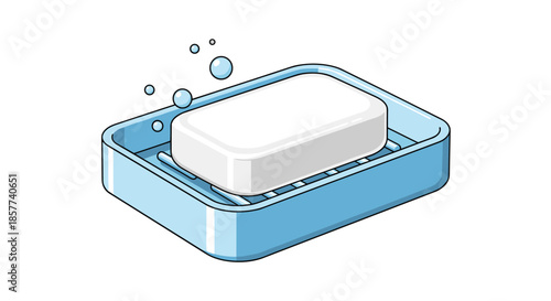 Bar of white soap rests in a light blue dish with bubbles floating around it to symbolize cleanliness and personal hygiene.