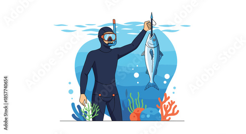 Skilled scuba diver in a full wetsuit holds up a large silver fish they have caught while exploring a vibrant coral reef.
