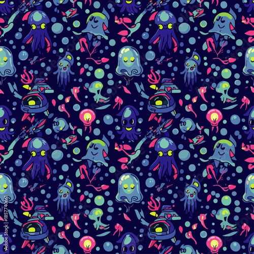 Whimsical cartoon underwater scene with various colorful marine creatures and bubbles on a dark blue background.